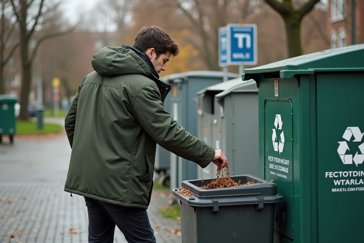 Jeune homme jetant la cire refroidie dans une poubelle urbaine