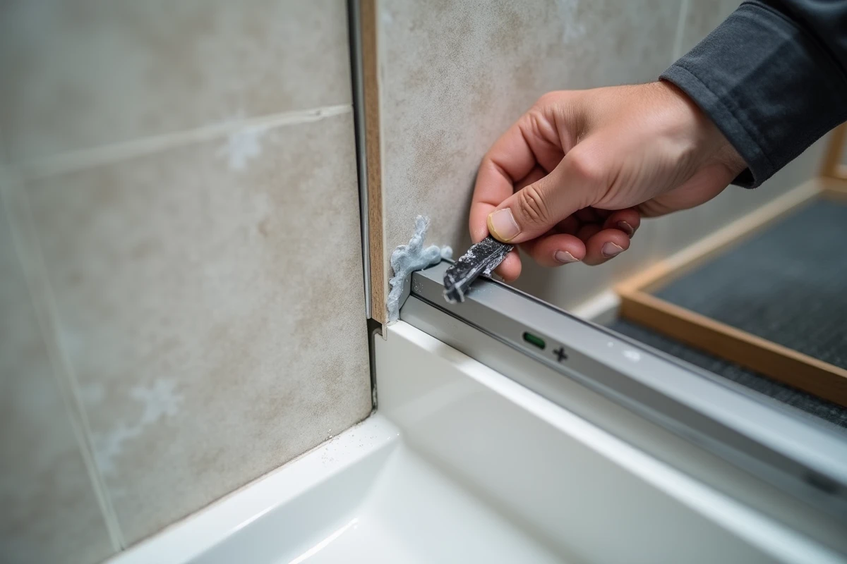 Gros plan sur le joint d'assemblage entre deux dalles PVC murales dans une douche italienne avec application de silicone