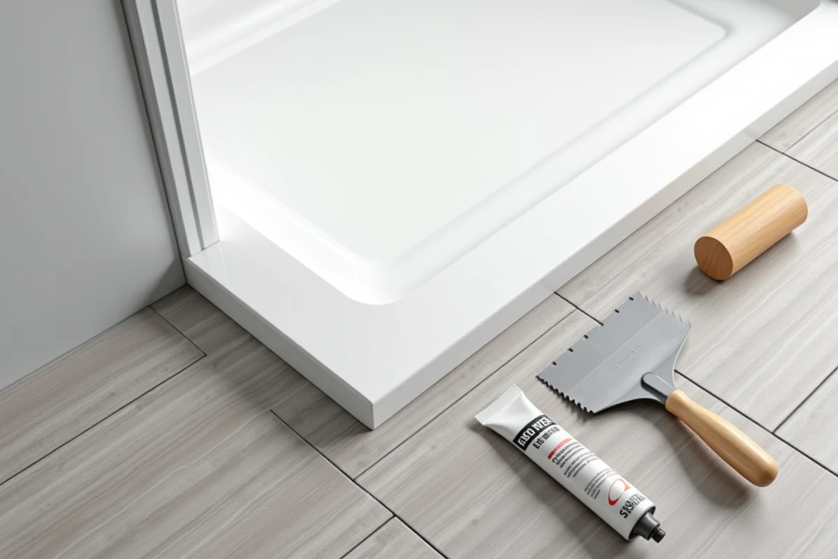 Gros plan sur la jonction étanche entre un receveur de douche extra plat et le carrelage du sol avec joint silicone parfaitement appliqué