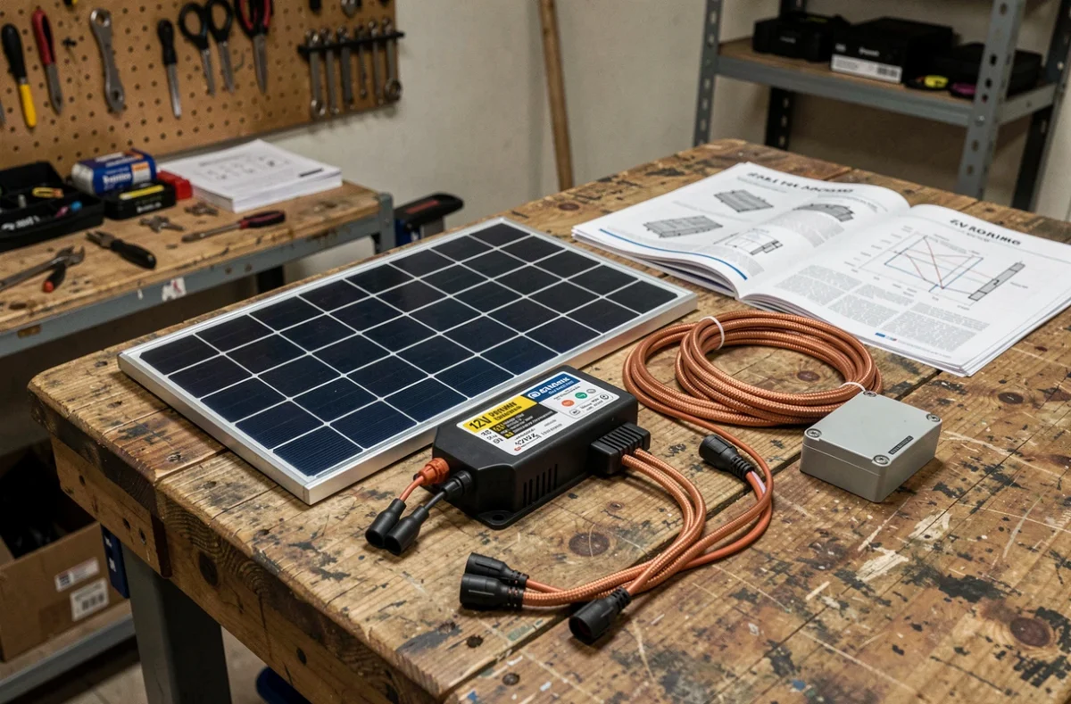 Kit panneau solaire 12V avec contrôleur de charge, câbles et batterie AGM sur établi d'atelier