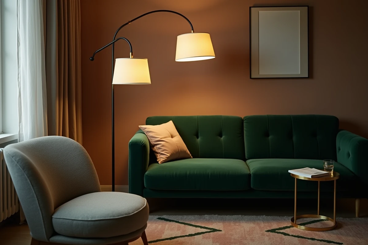 Lampe halogène sur pied arceau vintage en fer noir avec abat-jour en tissu crème dans un coin lecture avec canapé velours vert et tapis géométrique