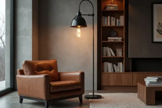 Lampe halogène sur pied style industriel avec ampoule Edison à côté d'un fauteuil en cuir dans un salon moderne aux murs en béton