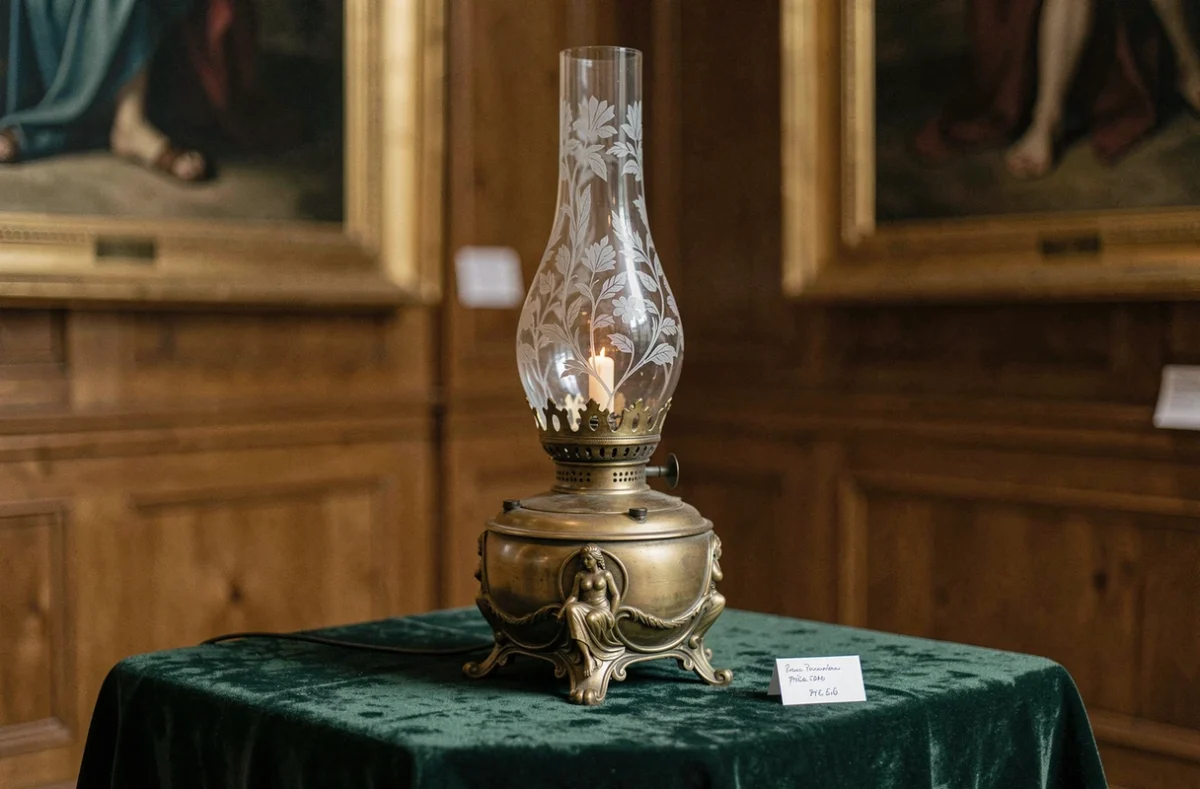 Lampe à pétrole Art Nouveau en bronze doré et cristal gravé sur table de vente aux enchères avec étiquette de provenance