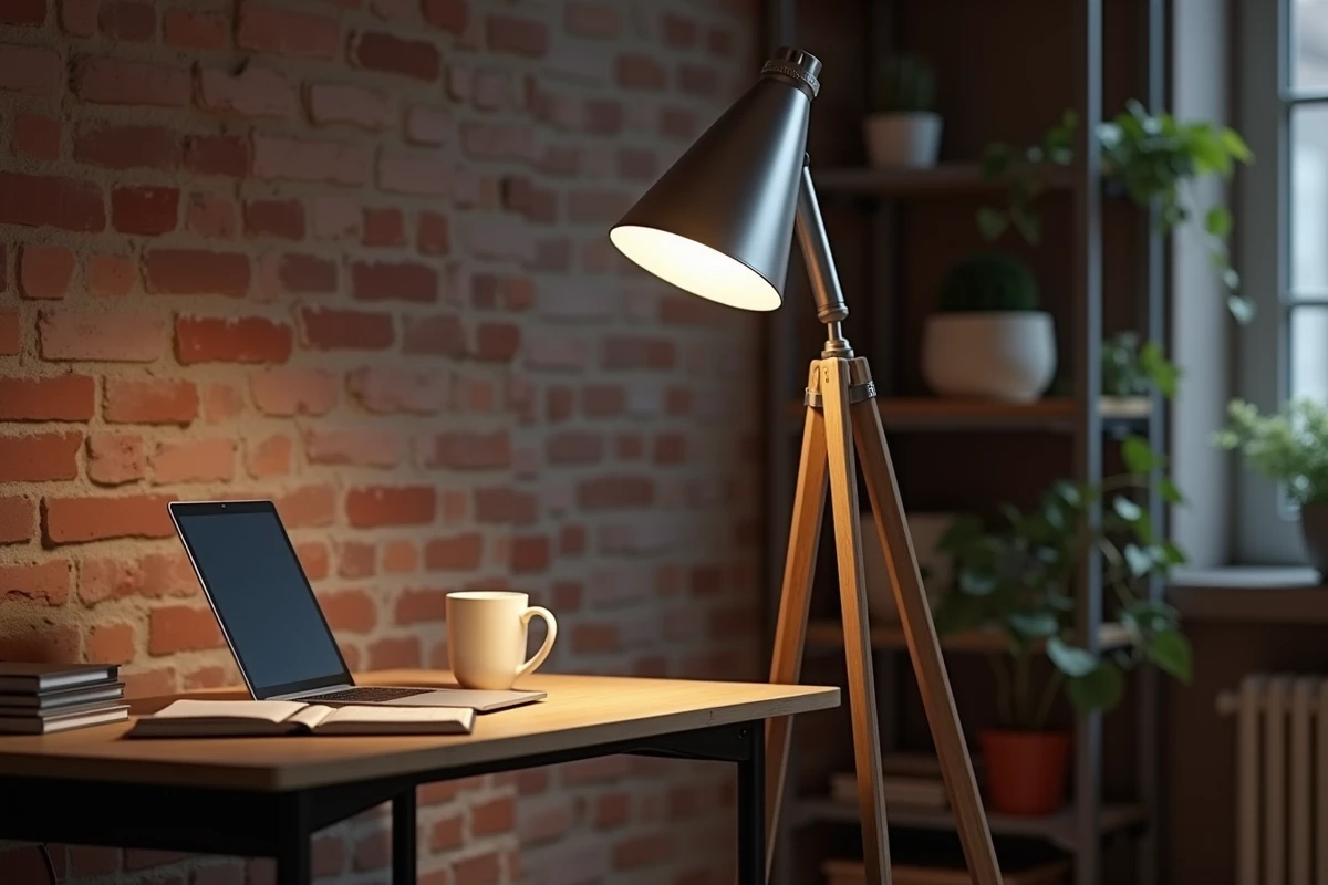 Lampe sur pied trépied en acier brossé éclairant un bureau en chêne massif dans un espace de travail à domicile avec mur en briques apparentes