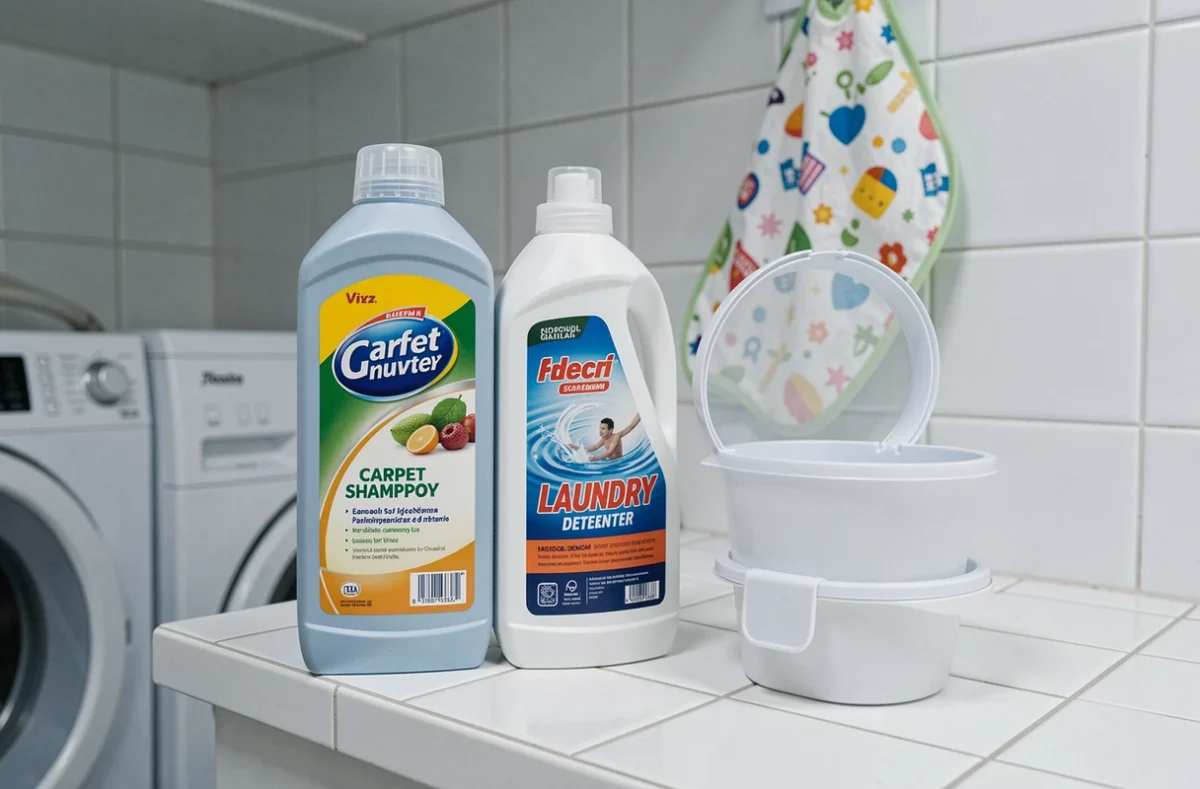 Comparaison entre lessive et shampooing moquette posés près du réservoir d'une shampouineuse dans une buanderie