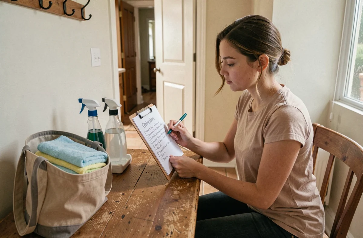 Jeune femme consultant une liste de tâches ménagères avant de démarrer une prestation de nettoyage à domicile