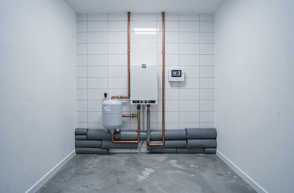 Tableau de distribution hydraulique intérieur d'une pompe à chaleur air/eau avec tuyauterie cuivre et thermostat numérique dans local technique