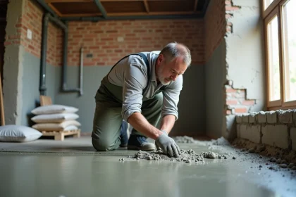 Ouvrier maçon lissant du béton frais dans une pièce en rénovation