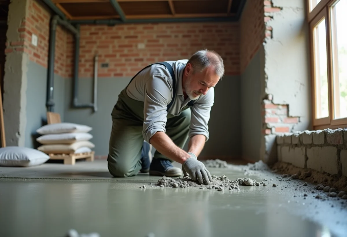 Ouvrier maçon lissant du béton frais dans une pièce en rénovation