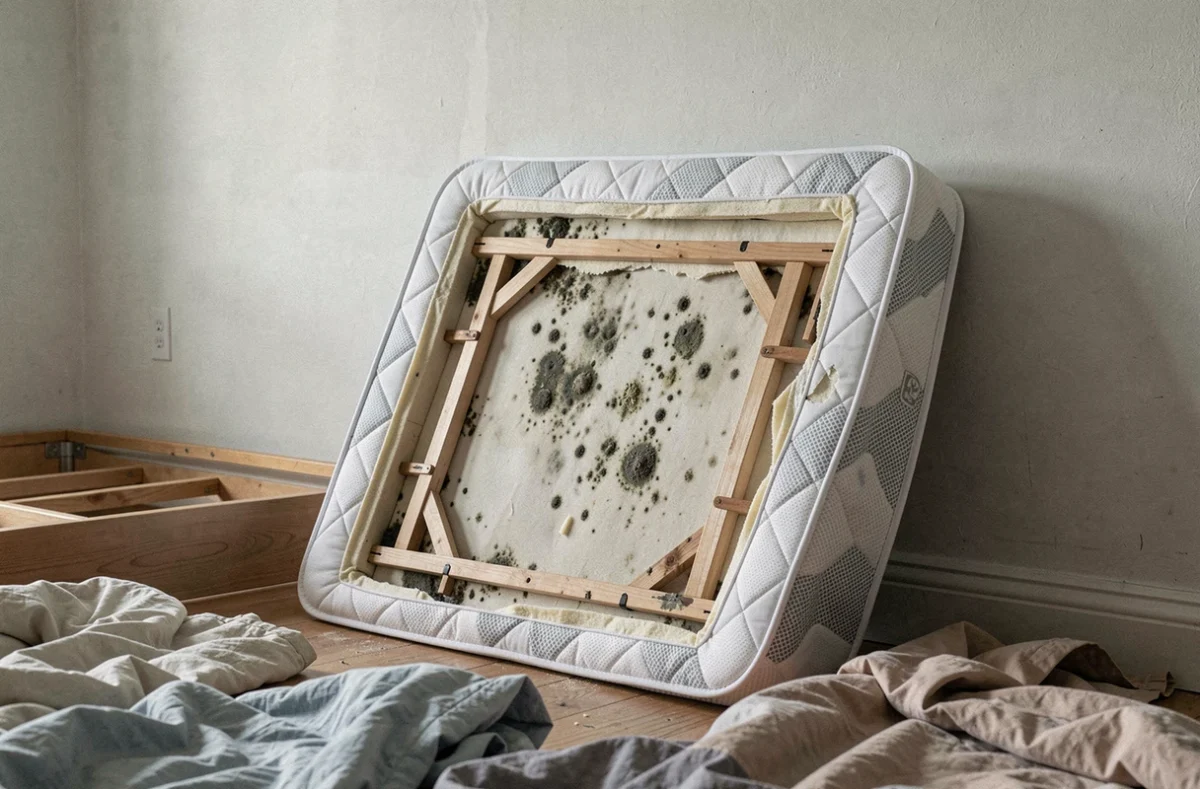 Matelas retourné contre un mur montrant des dommages structurels moisissures et usure du tissu sur l'envers