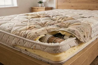 Matelas usé montrant un affaissement visible au centre et une détérioration du tissu après plusieurs années d'utilisation