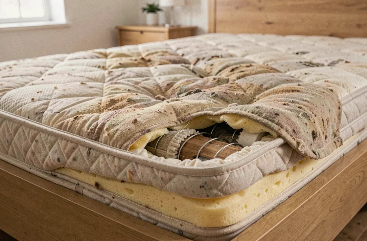Matelas usé montrant un affaissement visible au centre et une détérioration du tissu après plusieurs années d'utilisation