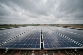 Vue grand angle d'une toiture résidentielle couverte de panneaux solaires dans les Hauts-de-France avec paysage agricole en arrière-plan