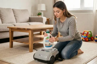 Jeune mère lisant l'étiquette d'une lessive près d'une shampouineuse dans un salon familial