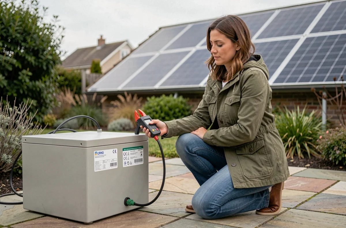 Femme mesurant le courant d'une batterie solaire avec une pince ampèremétrique dans un jardin résidentiel