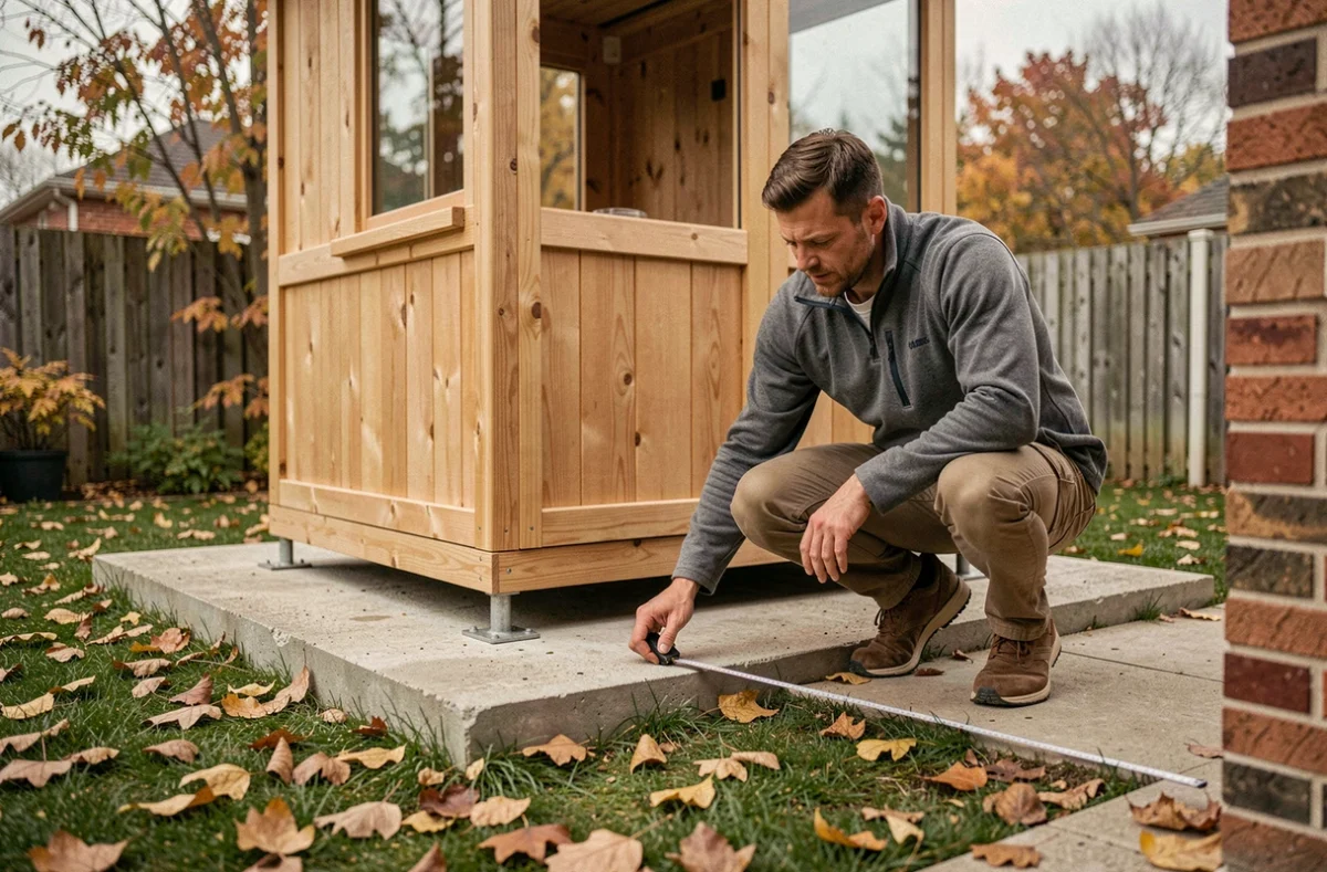Homme mesurant la dalle d'un studio de jardin préfabriqué pour vérifier la conformité avant installation Greenkub
