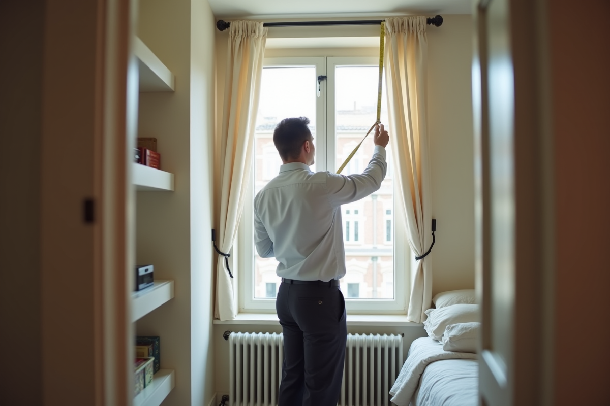 Homme mesurant une tringle à rideaux dans une chambre organisée