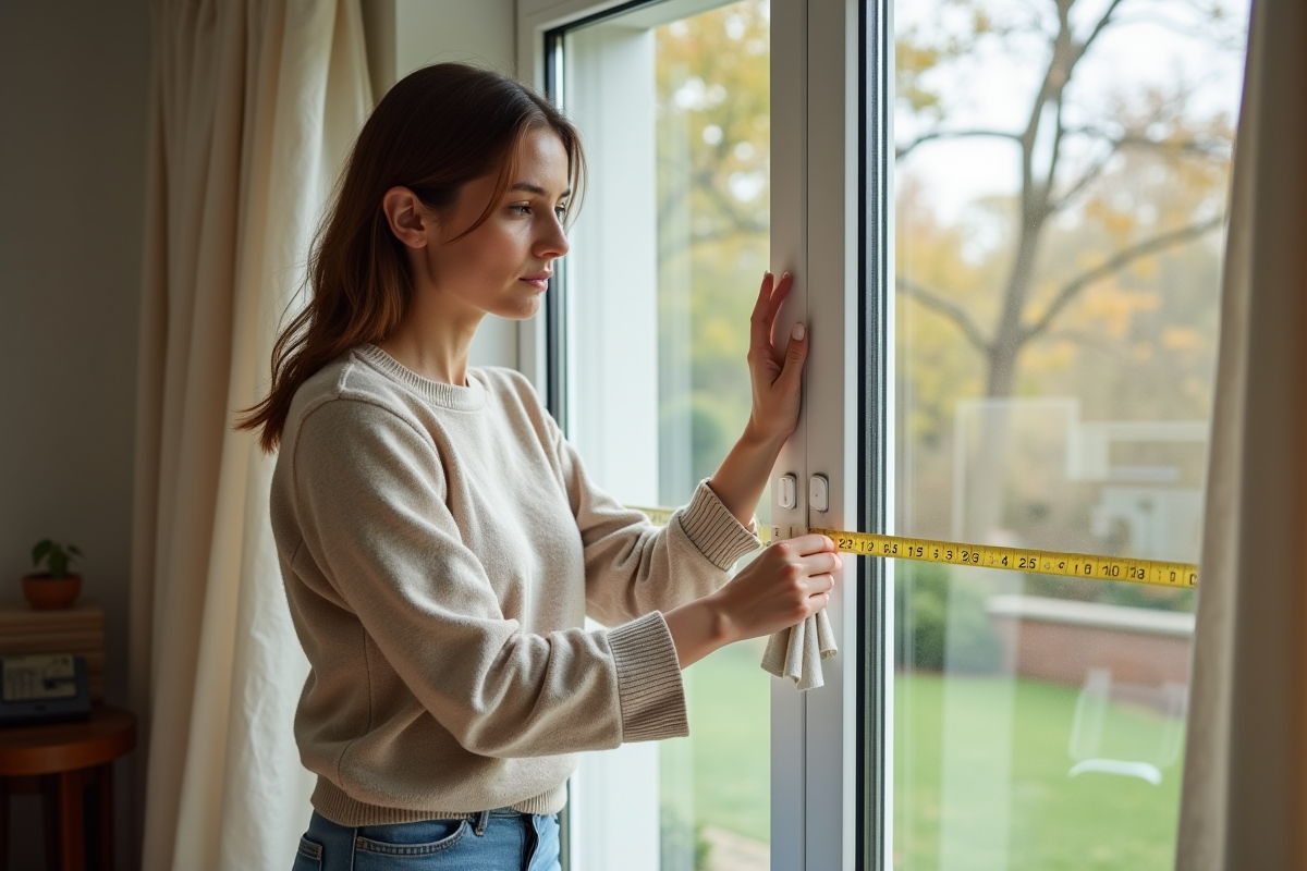 Femme mesurant un grand vitrage pour rideaux dans un salon