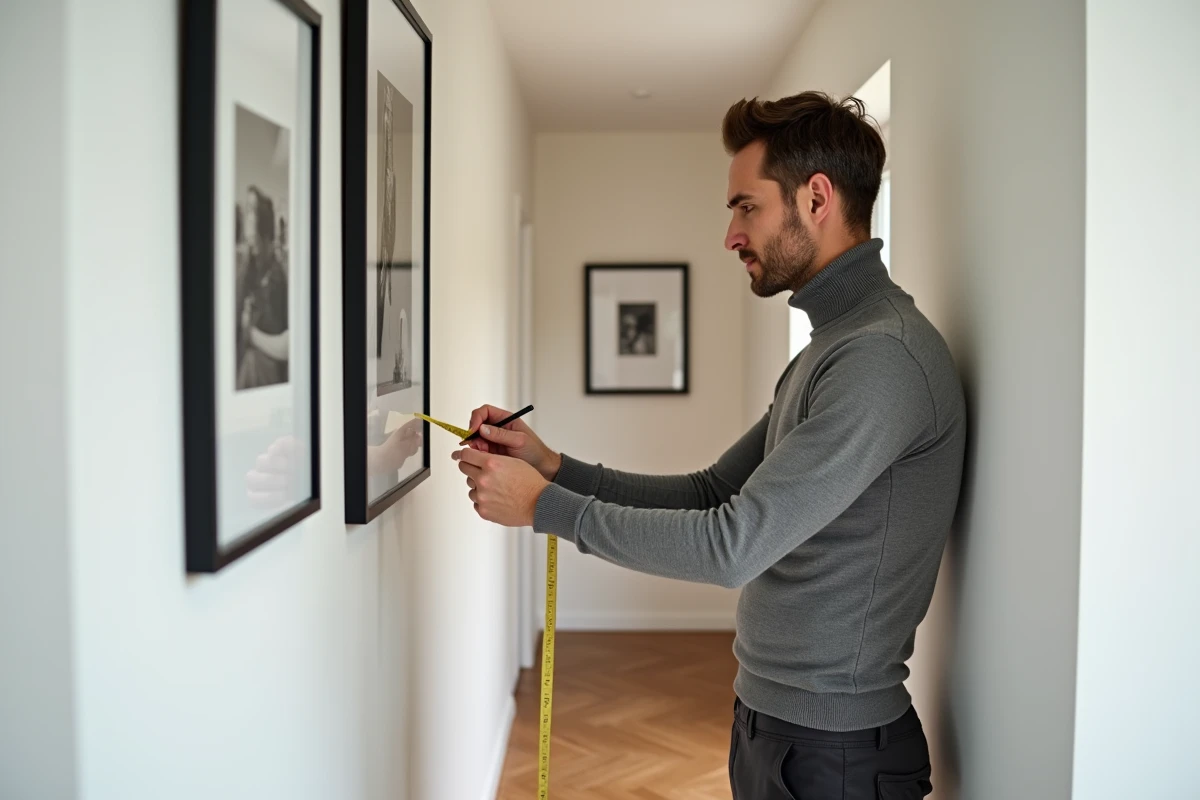 Homme utilisant un mètre ruban pour mesurer le point d'accrochage d'un tableau dans un couloir avec parquet en chêne et photos encadrées au mur