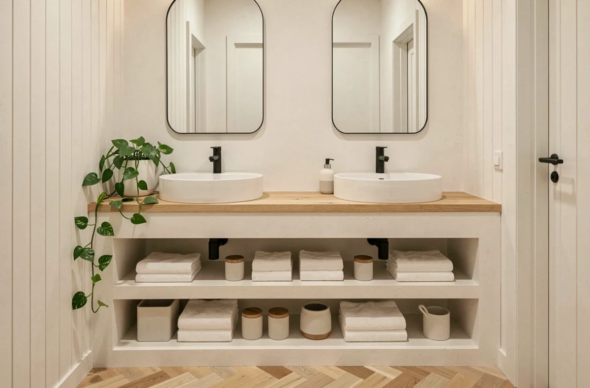 Meuble double vasque en béton cellulaire enduit et peint avec plan en chêne dans une salle de bain scandinave