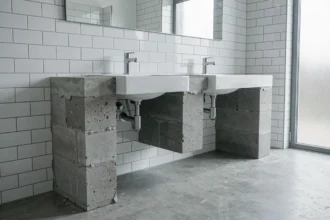 Meuble de salle de bain en béton cellulaire avec double vasque en céramique et robinets chromés