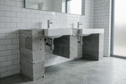 Meuble de salle de bain en béton cellulaire avec double vasque en céramique et robinets chromés