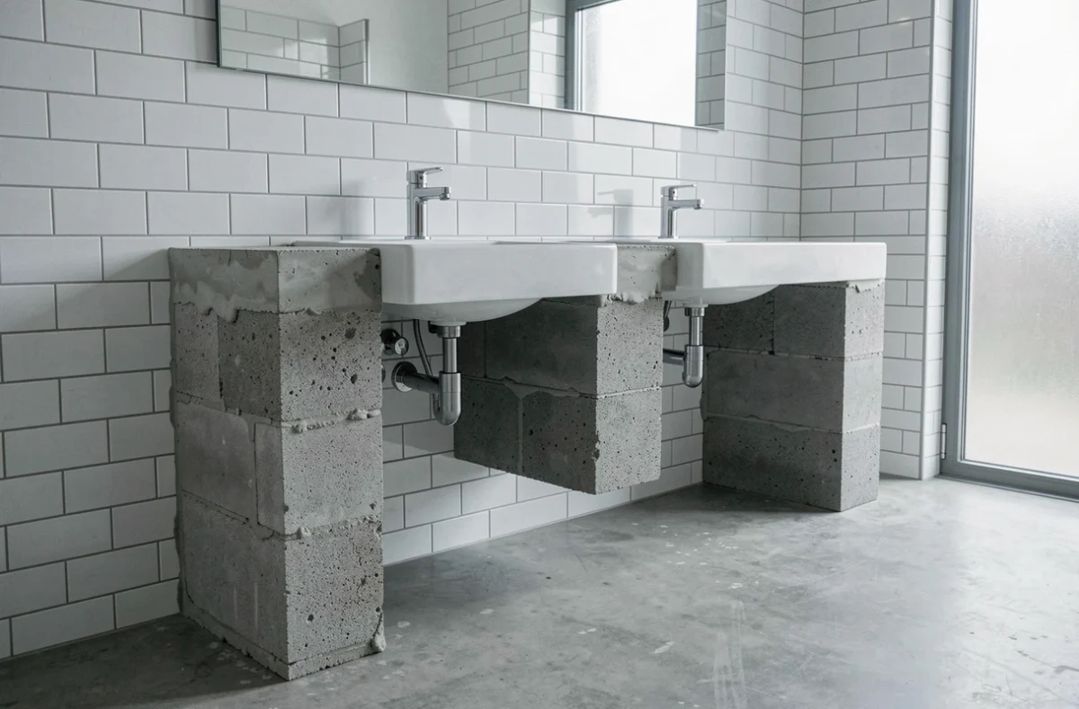 Meuble de salle de bain en béton cellulaire avec double vasque en céramique et robinets chromés