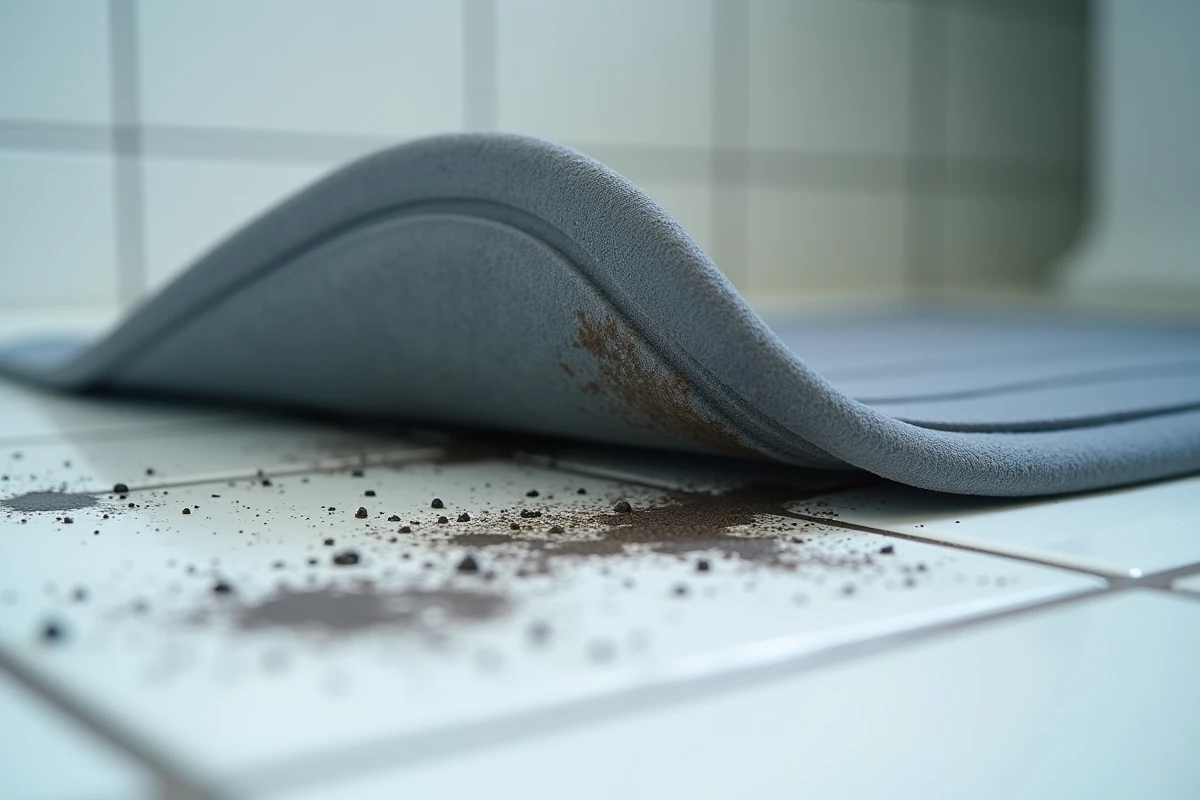 Moisissures sous un tapis antidérapant de bain à remplacer ou désinfecter