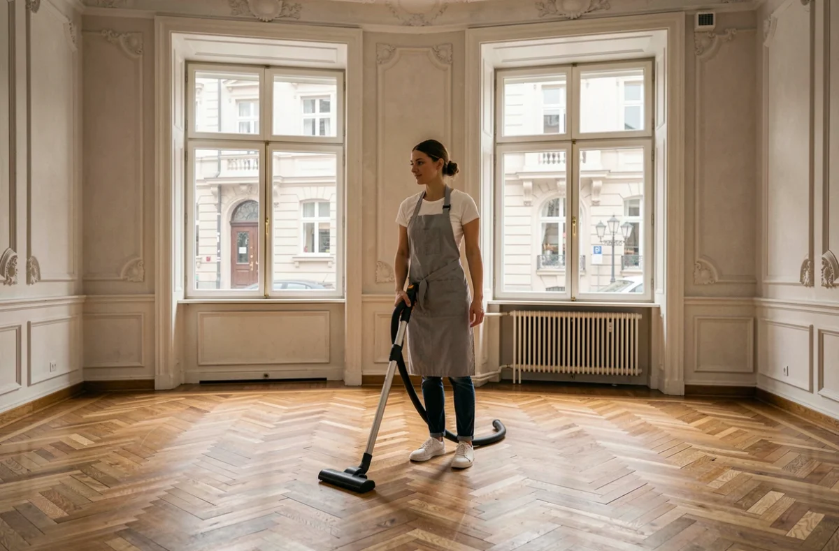 Femme de ménage passant l'aspirateur dans un salon élégant avec parquet à Vienne