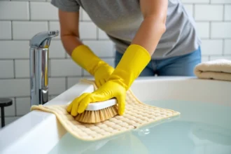 Femme nettoyant un tapis antidérapant de bain avec une brosse dans une baignoire blanche