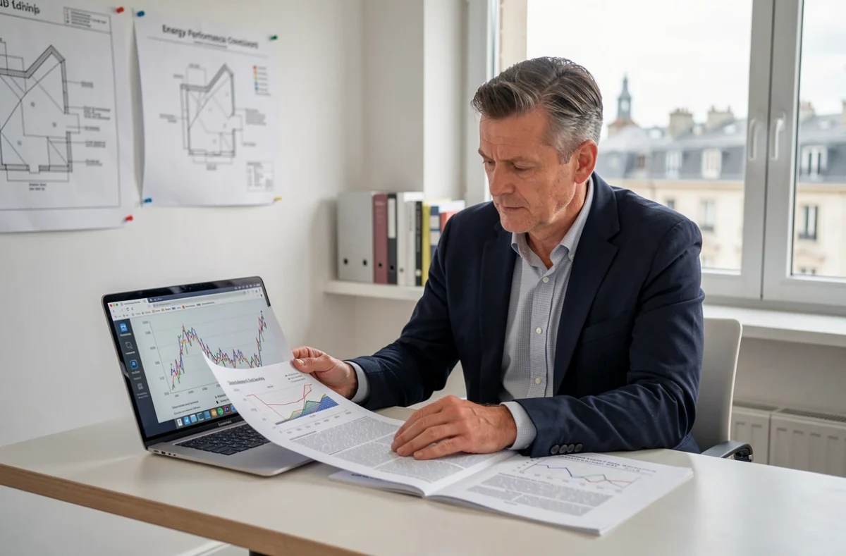 Consultant de Nord Performance Énergétique analysant un bilan énergétique solaire dans un bureau professionnel moderne