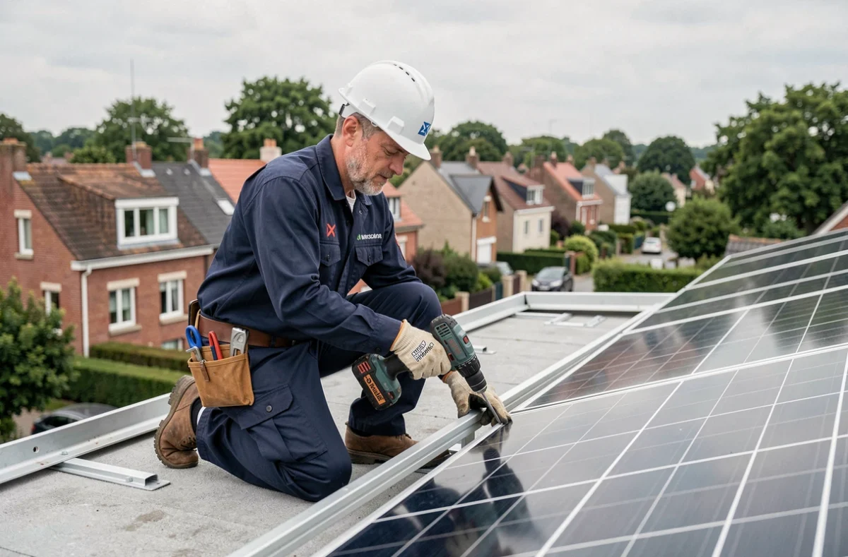 Technicien de Nord Solar installant des panneaux solaires sur une toiture de maison individuelle dans le nord de la France