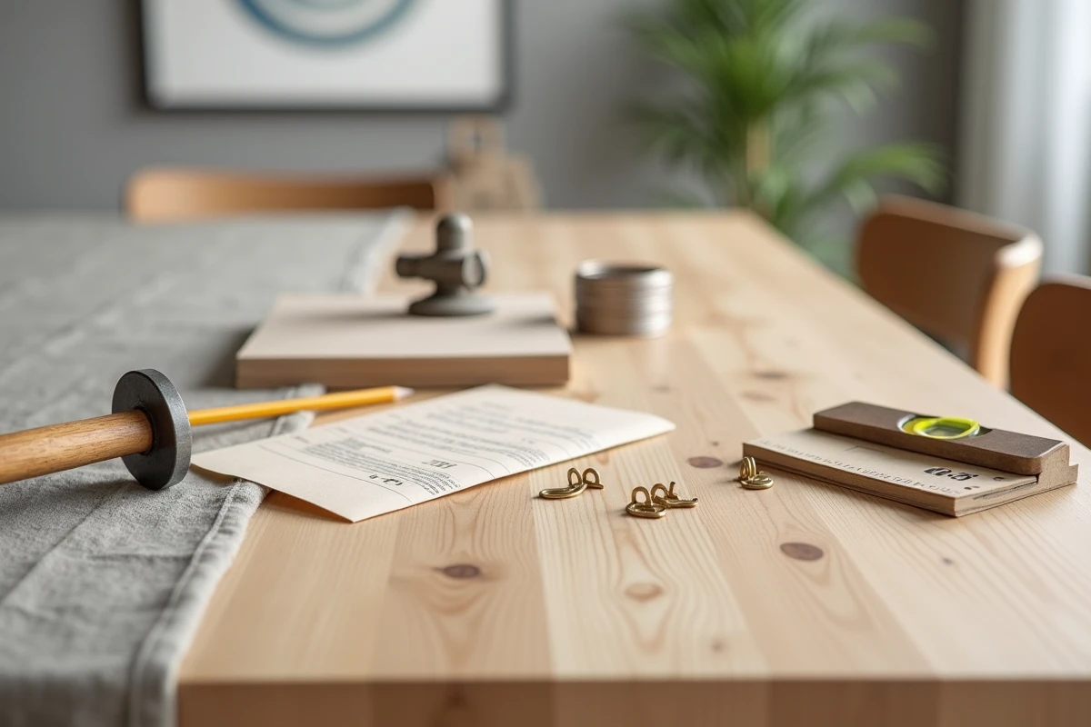 Flat-lay des outils nécessaires pour accrocher des tableaux comme un galeriste : marteau, crochets dorés, niveau à bulle, fil à tableau et gabarit en papier kraft sur table en chêne