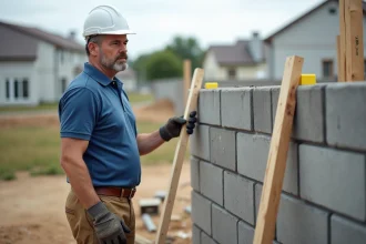 Ouvrier homme examine un mur en parpaings sur un chantier