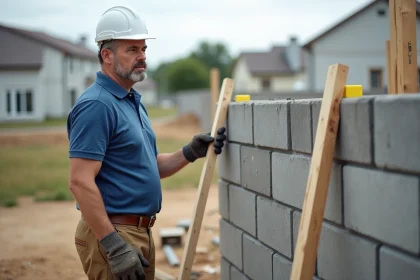 Ouvrier homme examine un mur en parpaings sur un chantier