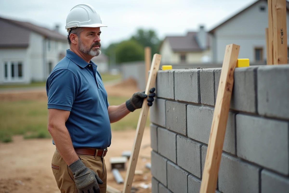 Ouvrier homme examine un mur en parpaings sur un chantier