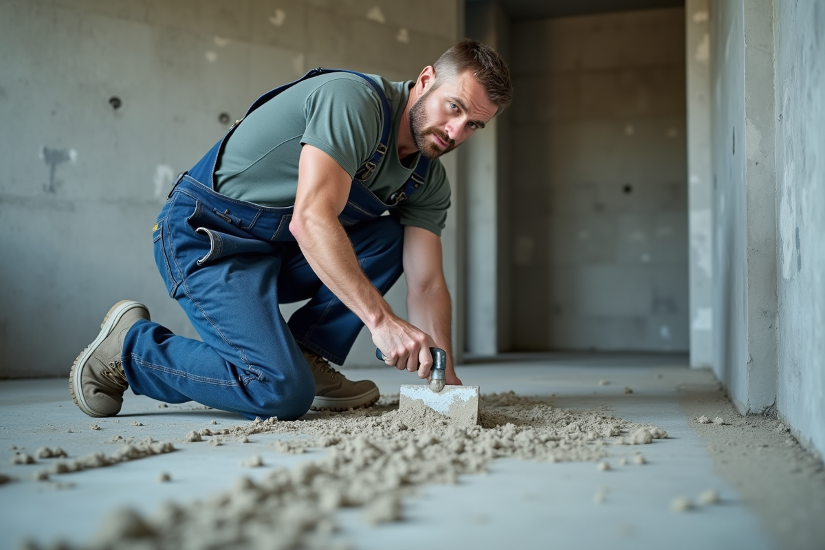 Ouvrier en bleu appliquant du screed sur un sol brut