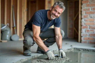 Ouvrier en train de lisser une dalle béton fraîchement coulée à l'intérieur d'une maison en construction