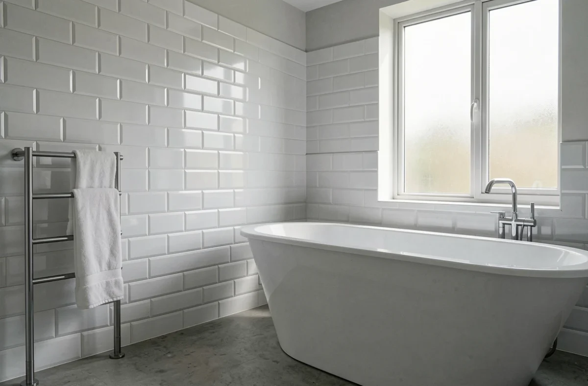 Panneau PVC imitation carrelage blanc posé autour d'une baignoire dans une salle de bain rénovée moderne