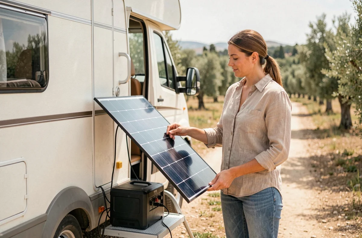 Femme connectant un panneau solaire pliable 12V à une station d'énergie portable près d'un van aménagé
