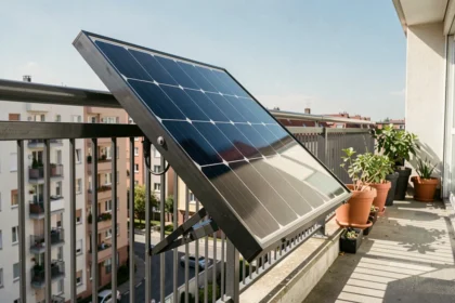 Panneau solaire Beem installé sur un balcon d'appartement en ville avec vue sur les toits