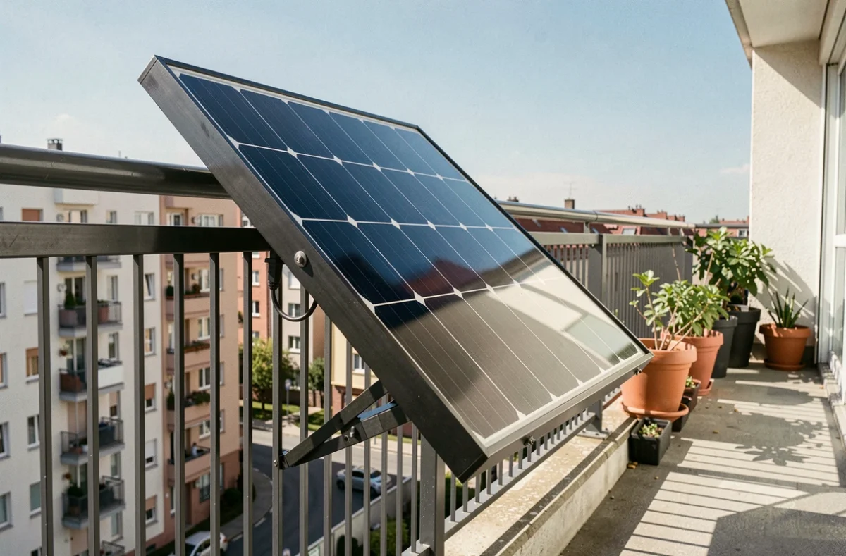 Panneau solaire Beem installé sur un balcon d'appartement en ville avec vue sur les toits