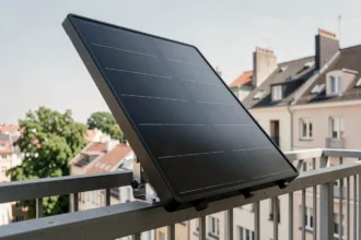 Panneau solaire Beem installé sur le balcon d'un appartement en ville avec vue sur les toits