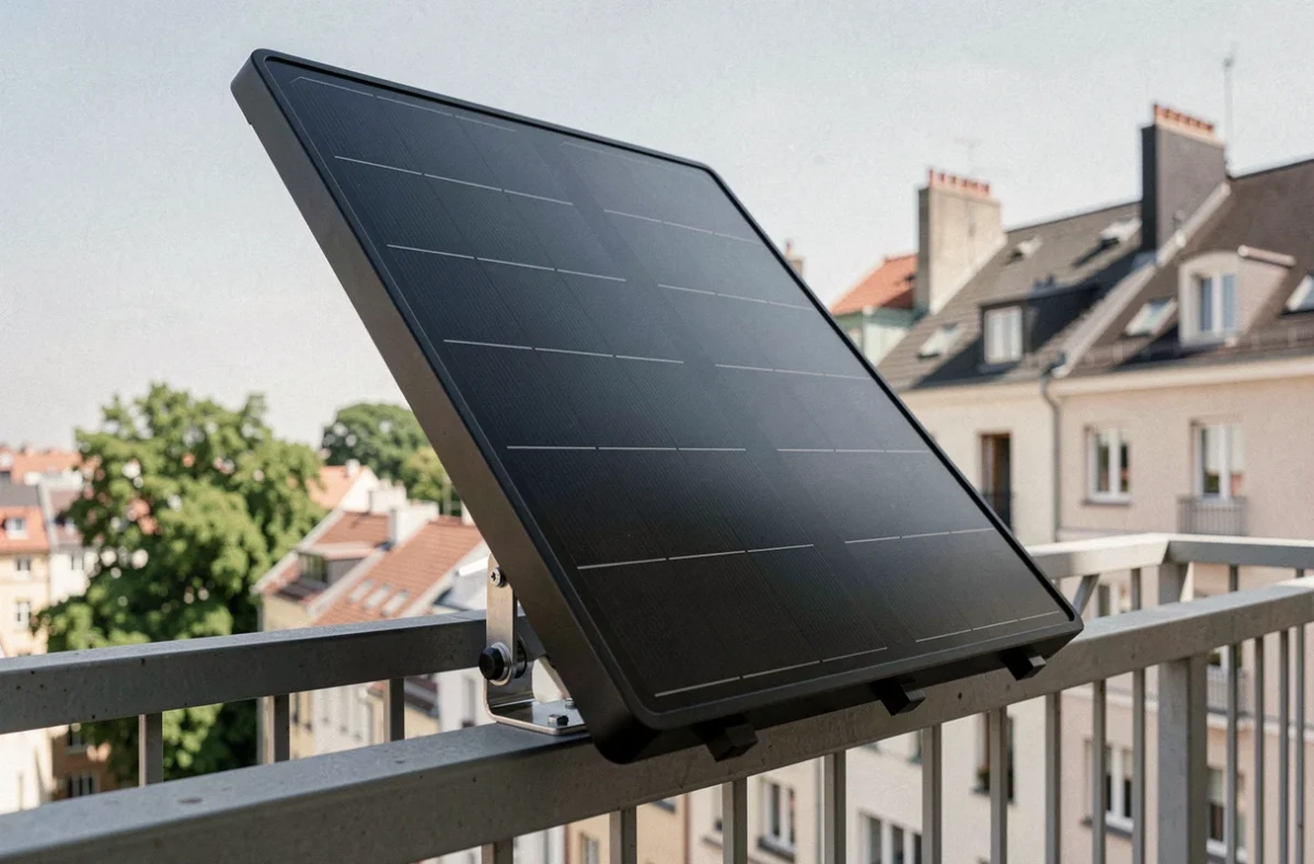 Panneau solaire Beem installé sur le balcon d'un appartement en ville avec vue sur les toits