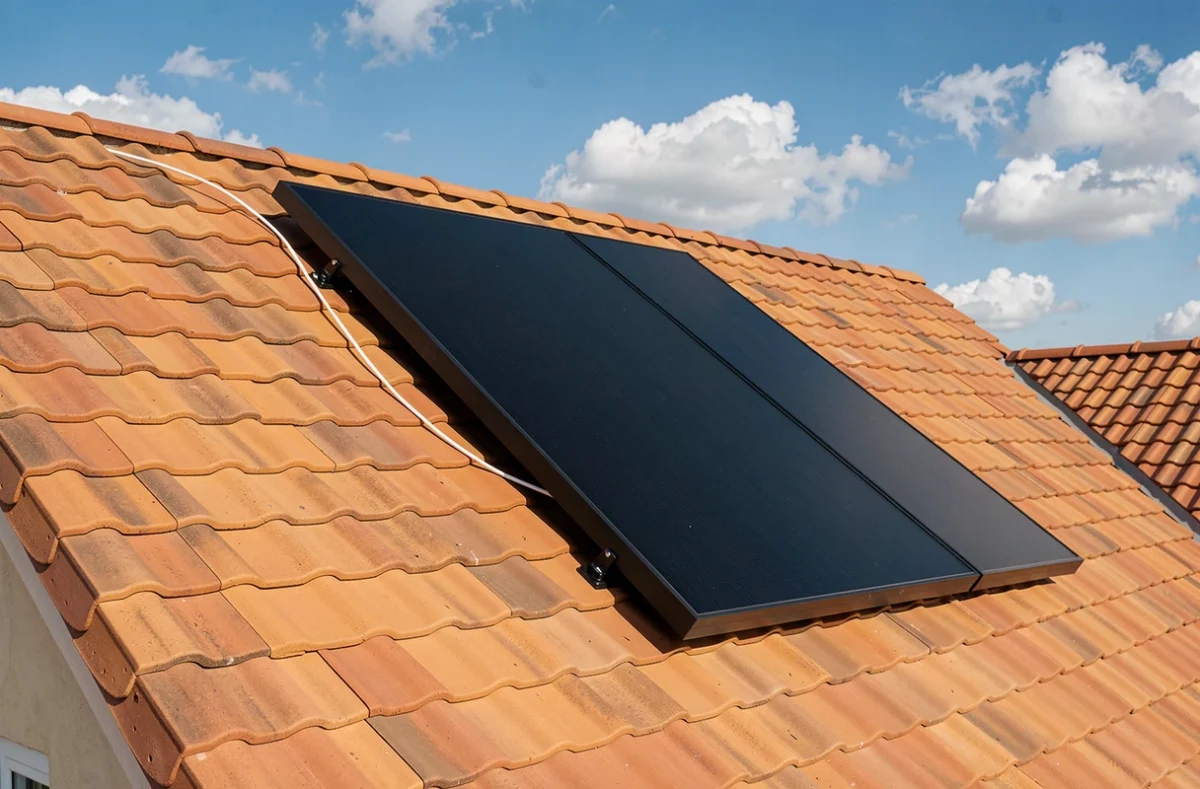 Panneau solaire Beem installé sur un toit en tuiles d'une maison individuelle en banlieue