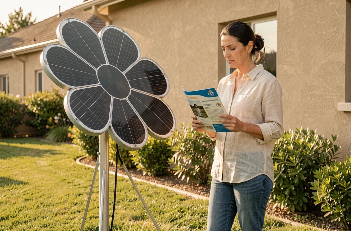 Femme consultant une brochure EDF devant un panneau solaire fleur installé dans un jardin pavillonnaire