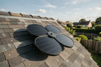 Panneau solaire compact en forme de fleur installé sur un toit de maison individuelle en France
