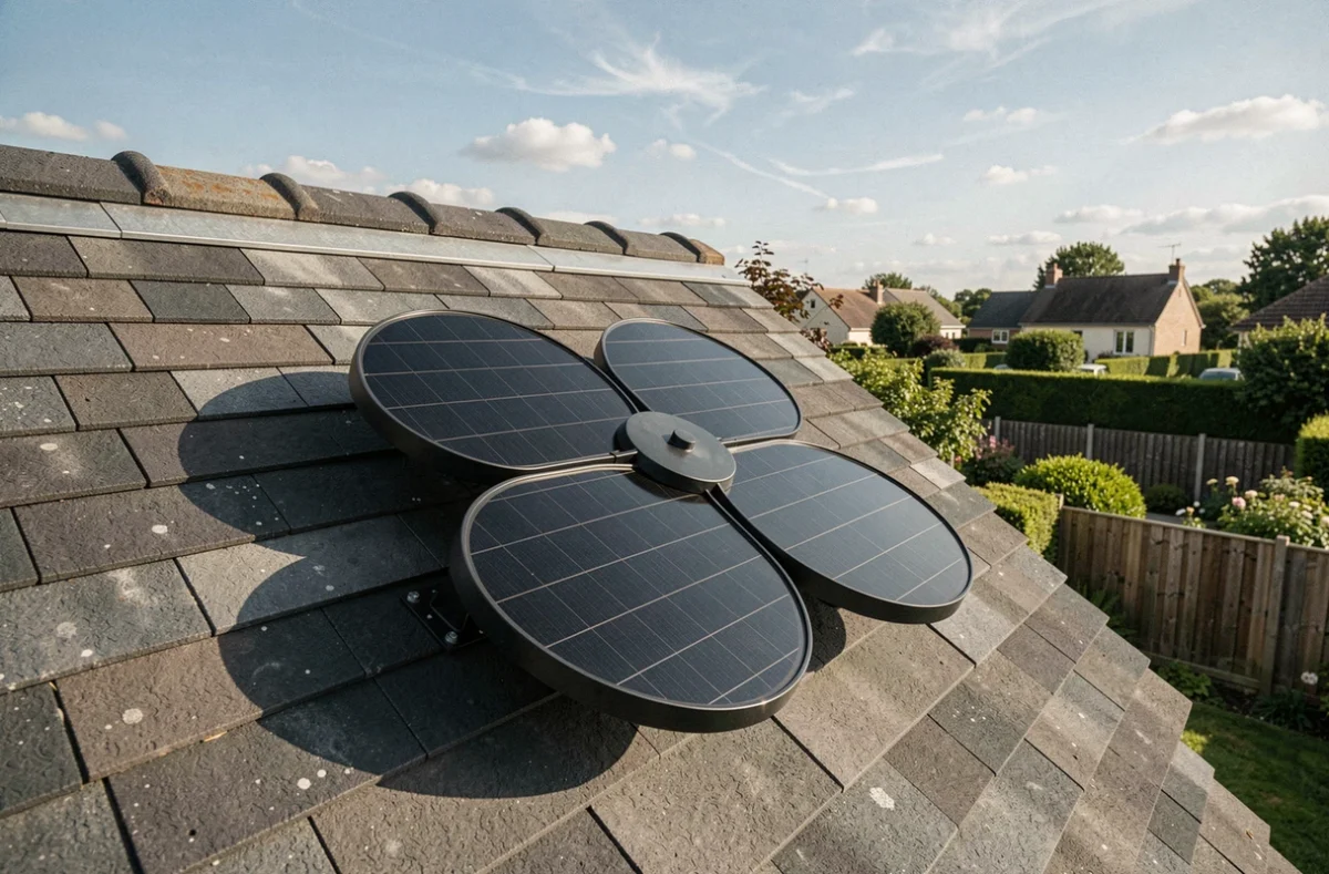 Panneau solaire compact en forme de fleur installé sur un toit de maison individuelle en France