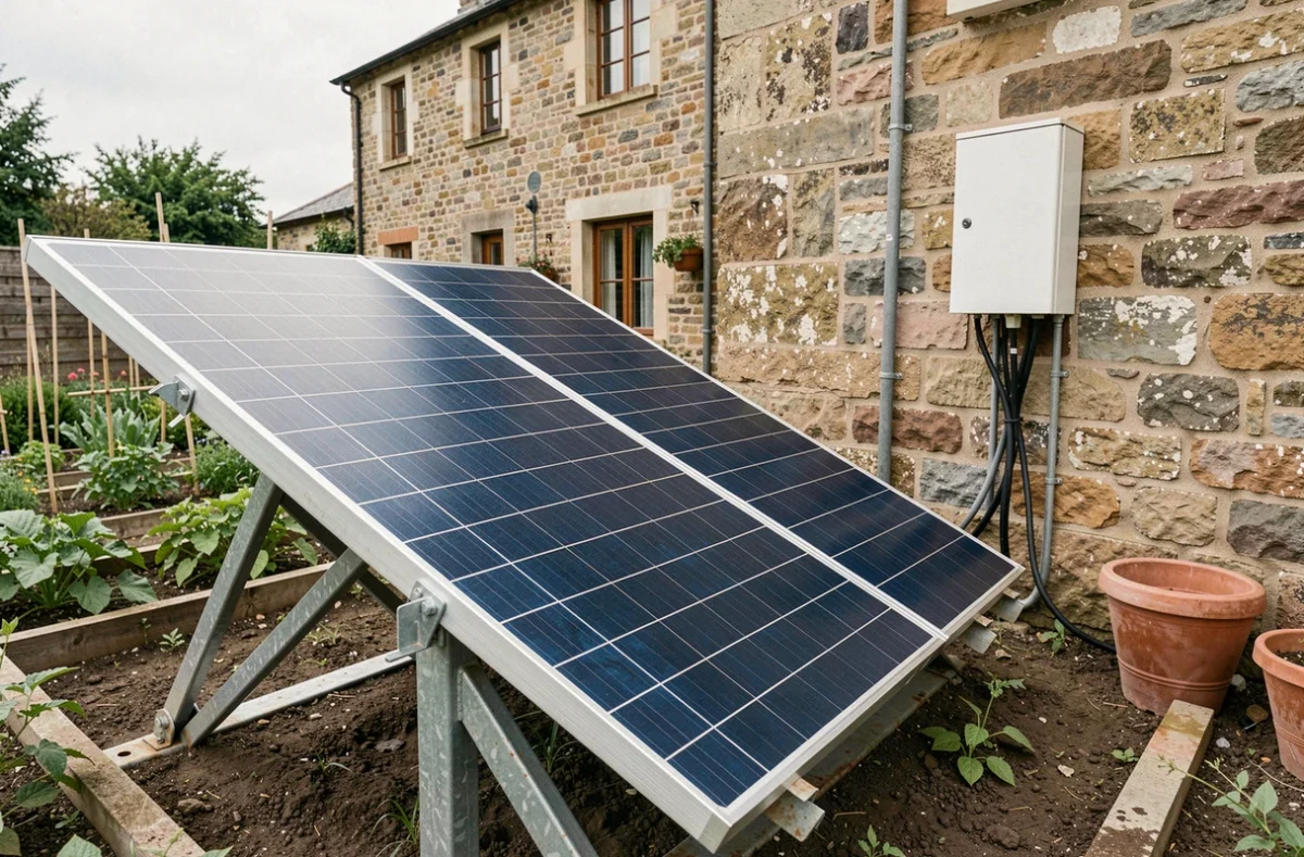 Panneaux solaires 12V installés sur structure inclinée dans le jardin d'une maison autonome en pierre