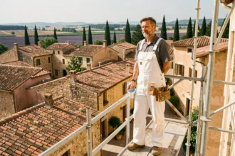 Peintre en bâtiment professionnel sur un échafaudage devant un village provençal typique en Provence-Alpes-Côte d'Azur